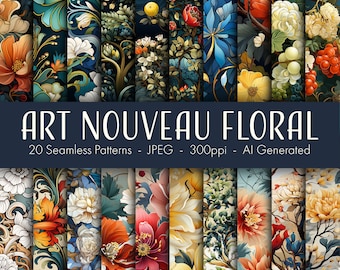 Art Nouveau Floral, seamless pattern, printable digital paper, instant download, commercial use