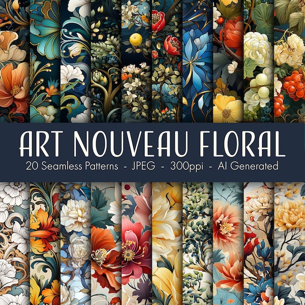 Art Nouveau Floral, seamless pattern, printable digital paper, instant download, commercial use