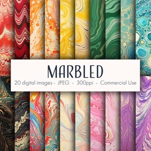 May include: 20 digital images of marbled paper in various colors and patterns. The images are high resolution and perfect for digital scrapbooking, crafting, and other creative projects.
