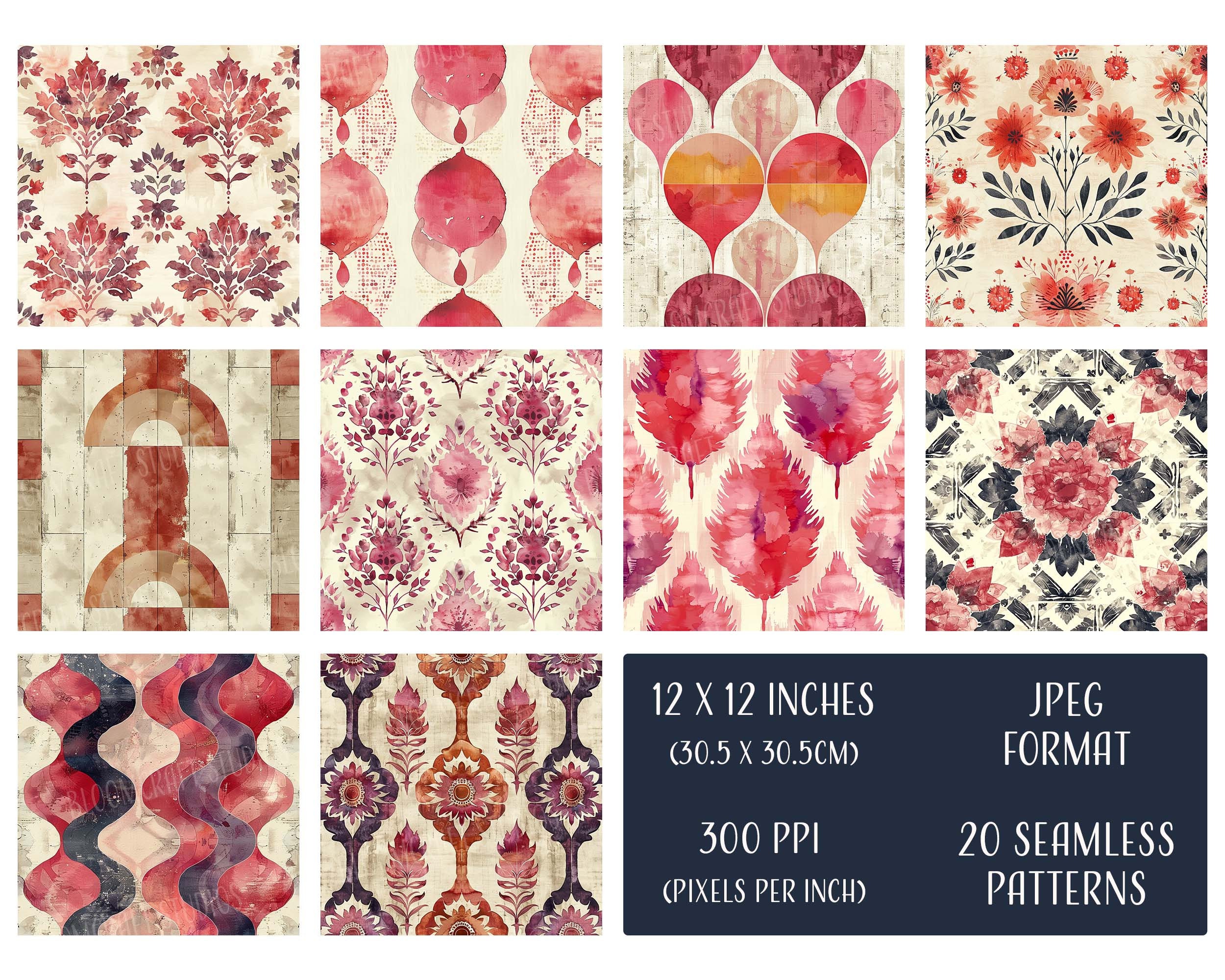 Boho Red Seamless Patterns, Printable Digital Paper, Commercial Use ...