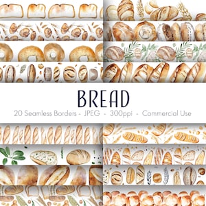 Bread Seamless Borders, papel digital para impressão, uso comercial, formato JPEG, download instantâneo