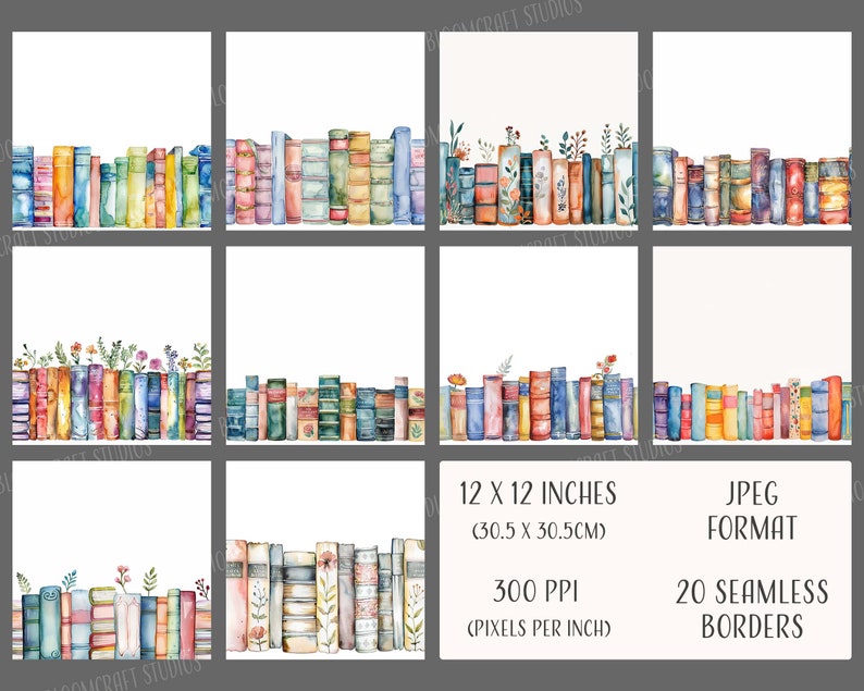 Book Seamless Borders, Printable Digital Paper, Commercial Use, JPEG ...