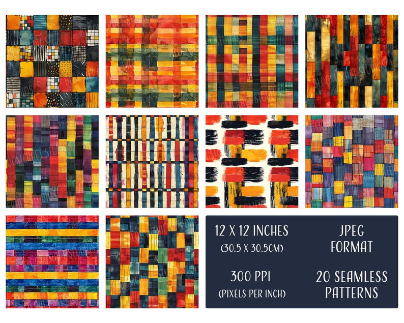 Op de afbeelding: Twintig naadloze digitale patronen met abstracte geometrische ontwerpen in verschillende kleuren, waaronder rood, geel, blauw, groen en zwart. De patronen zijn 30,5 cm bij 30,5 cm en 300 pixels per inch.