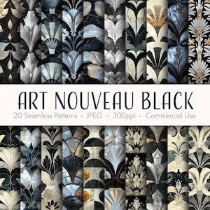 May include: A set of 20 digital seamless patterns in black, white, and silver featuring Art Nouveau style designs. The patterns are perfect for creating backgrounds, scrapbooking, and other craft projects.  "Art Nouveau Black" is written in the center of the image.