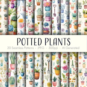 Patrones sin costuras de plantas en macetas, papel digital imprimible, uso comercial, formato JPEG, descarga instantánea