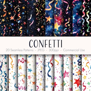 May include: 20 seamless patterns featuring watercolor confetti and stars on a white background. The patterns are perfect for adding a festive touch to any project.