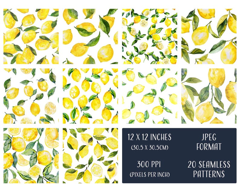 Lemon Seamless Patterns, Printable Digital Paper, Commercial Use, JPEG ...