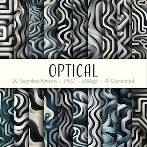 Puede incluir: 20 patrones sin costuras en negro, blanco y gris con diseños de ilusión óptica. Los patrones son generados por IA y tienen 300ppi. El texto "OPTICAL" está en la parte superior de la imagen.