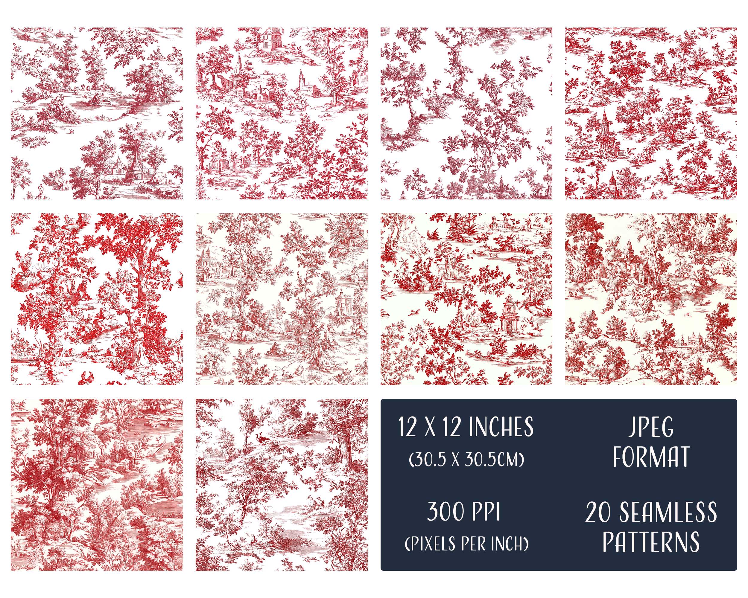 Toile De Jouy Red Seamless Patterns, Printable Digital Paper ...