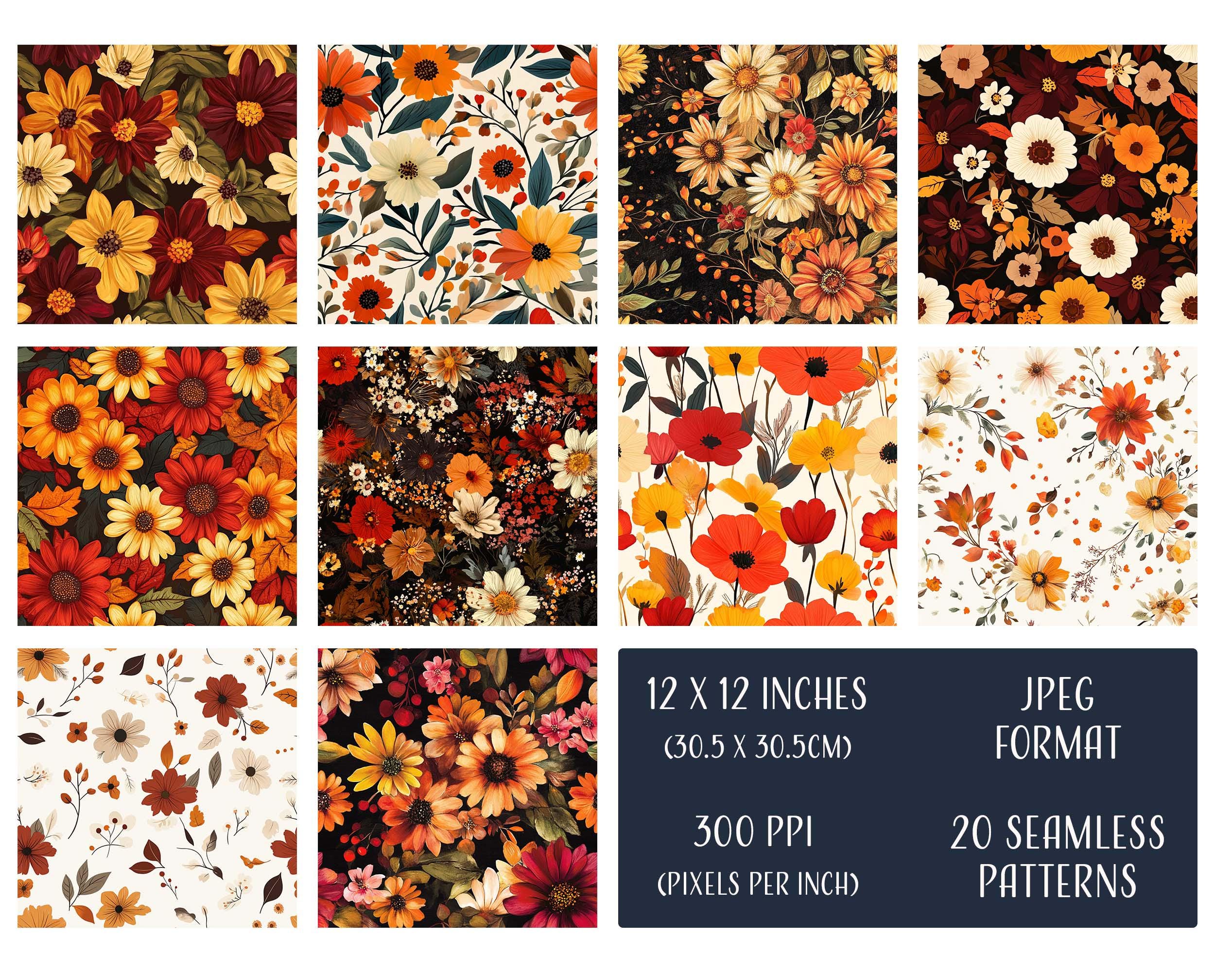 Fall Flowers Seamless Patterns, Printable Digital Paper, Commercial Use ...