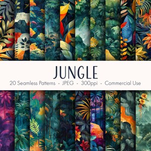May include: A set of 20 digital seamless patterns featuring jungle foliage in vibrant colors like green, blue, red, and yellow. The patterns are perfect for creating unique designs for fabric, wallpaper, and other creative projects.