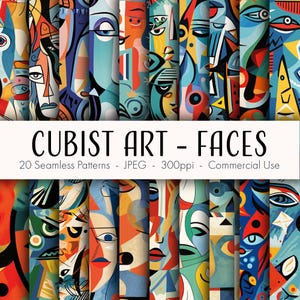 Kubistische Kunst Gesichter, nahtlose Muster, druckbares digitales Papier, sofortiger Download, kommerzielle Nutzung, JPEG-Format