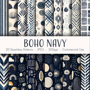 Boho Navy nahtlose Muster, druckbares digitales Papier, sofortiger Download, kommerzielle Nutzung, JPEG-Format