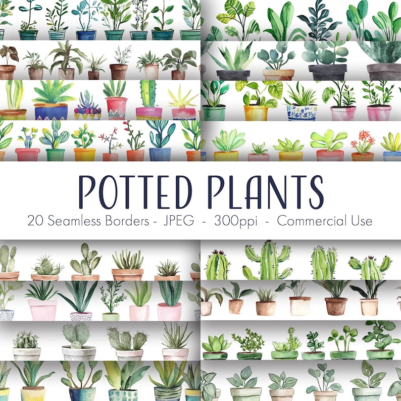 Potted Plants Seamless Borders, Printable Digital Paper, Commercial Use ...