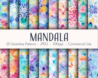 Watercolor Mandala Seamless Patterns, printable digital paper, instant download, commercial use, JPEG format
