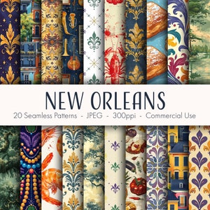 Patrones sin costuras de Nueva Orleans, papel digital imprimible, uso comercial, formato JPEG, descarga instantánea