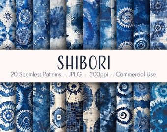 May include: A collection of 20 seamless digital paper patterns featuring blue and white shibori designs. The patterns are perfect for crafting, scrapbooking, and digital design projects.  "SHIBORI" is written in white text at the top of the image.  "20 Seamless Patterns - JPEG - 300ppi - Commercial Use" is written in black text below the title.