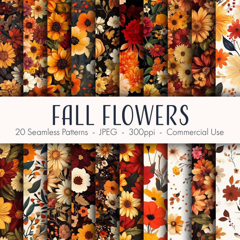 Fall Flowers Seamless Patterns, Printable Digital Paper, Commercial Use ...