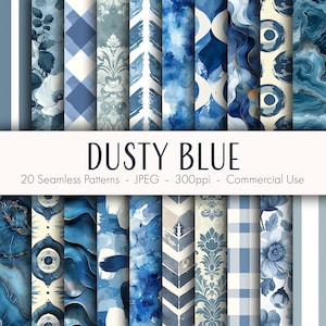 Puede incluir: Una colección de 20 patrones sin costuras en tonos azul polvoriento. Los patrones incluyen diseños florales, geométricos y abstractos. El texto "Dusty Blue" se muestra, junto con información sobre el formato de archivo y el uso comercial.