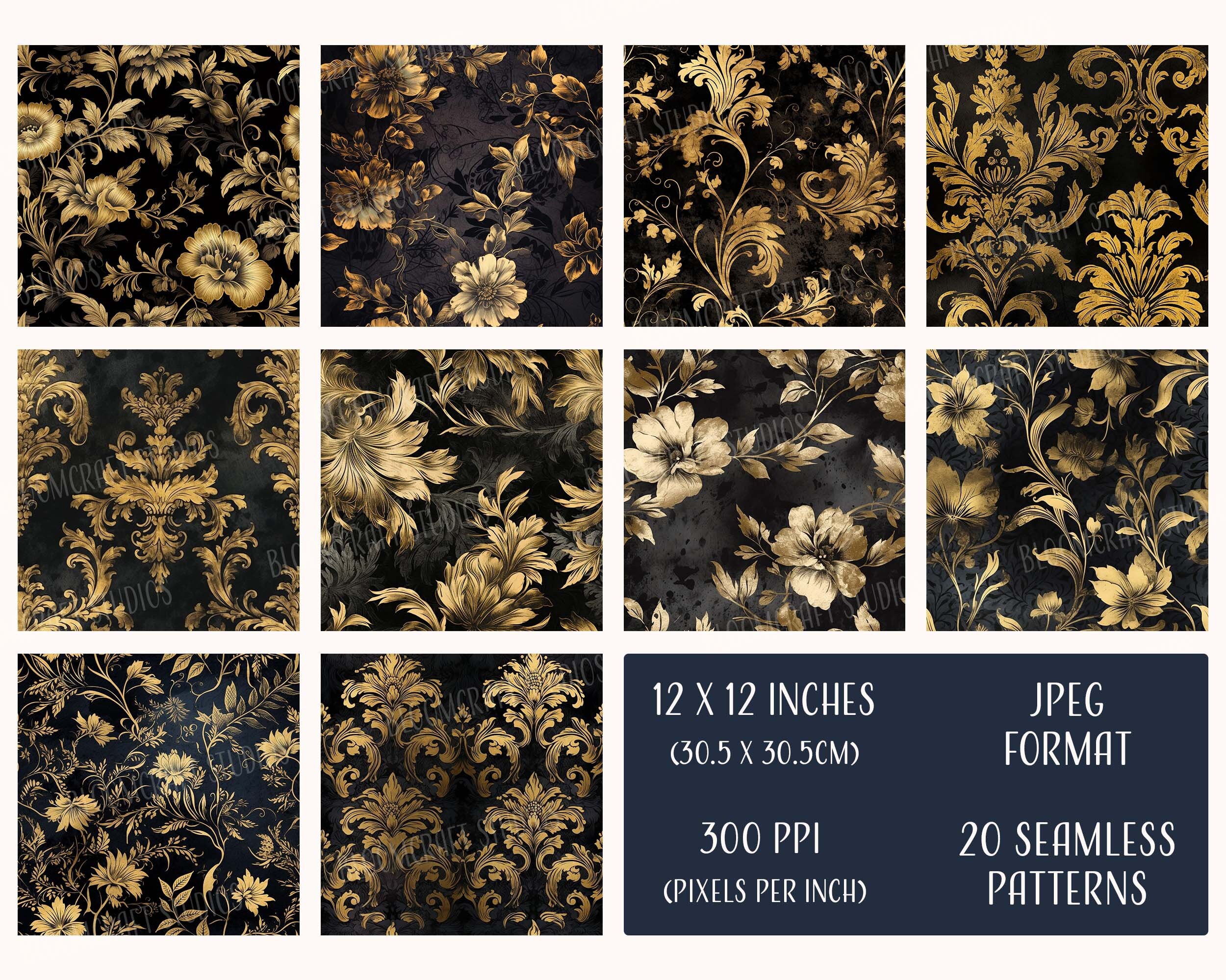 Black Damask Seamless Patterns, Printable Digital Paper, Instant ...