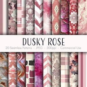 Puede incluir: Una colección de 20 patrones sin costuras en tonos rosa empolvado, con diseños florales, geométricos y abstractos. Los patrones incluyen efectos de damasco, acuarela y mármol. El texto "DUSKY ROSE" se muestra de forma destacada.