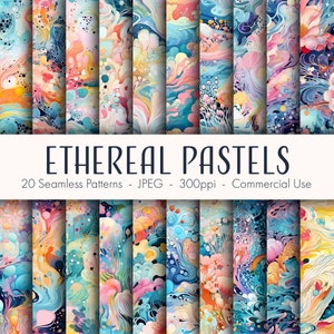 May include: 20 seamless patterns in pastel colors with abstract swirls, bubbles, and floral designs.  The patterns are perfect for digital scrapbooking, crafting, and other creative projects.  ETHEREAL PASTELS - 20 Seamless Patterns - JPEG - 300ppi - Commercial Use