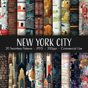 Patrones sin costuras de la ciudad de Nueva York, papel digital imprimible, uso comercial, formato JPEG, descarga instantánea