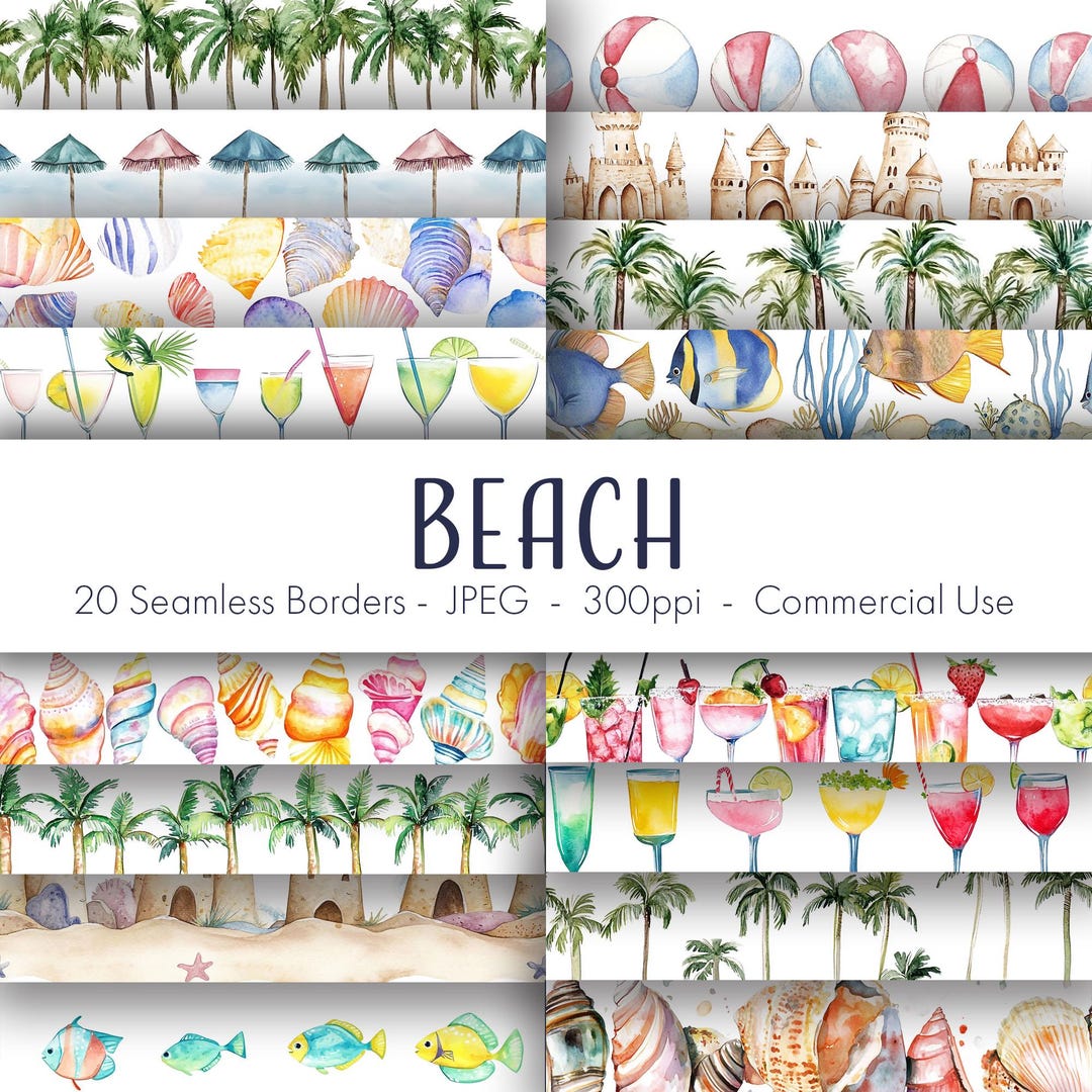 Beach Seamless Borders, Printable Digital Paper, Commercial Use, JPEG ...