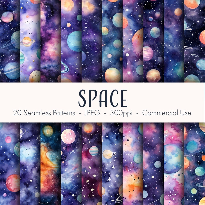 May include: 20 seamless space-themed patterns featuring watercolor planets, stars, and nebulae in shades of blue, purple, pink, and orange. The patterns are perfect for digital scrapbooking, crafting, and other creative projects.