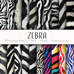 Puede incluir: Una colección de 20 patrones de estampado de cebra sin costuras en varios estilos, incluyendo blanco y negro, colorido y acuarela. Los patrones son perfectos para el scrapbooking digital, el diseño de telas y otros proyectos creativos.  ZEBRA - 20 Patrones Sin Costuras - JPEG - 300ppi - Uso Comercial