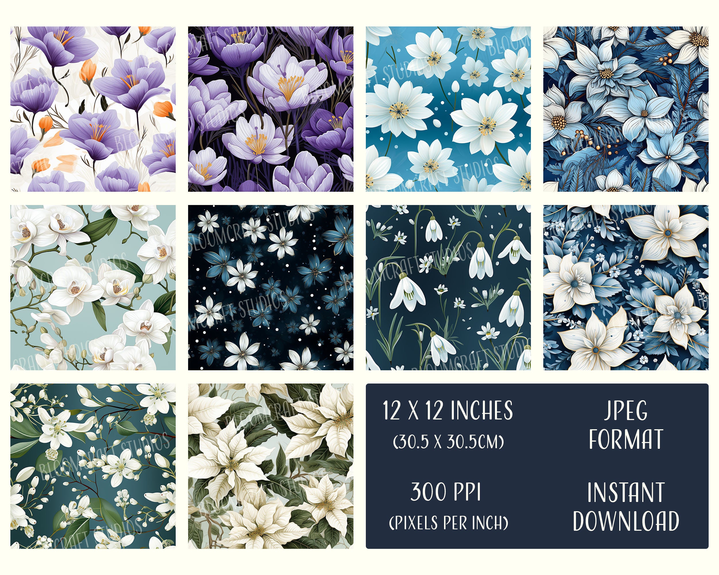 Winter Flowers Seamless Patterns, Printable Digital Paper, Commercial ...