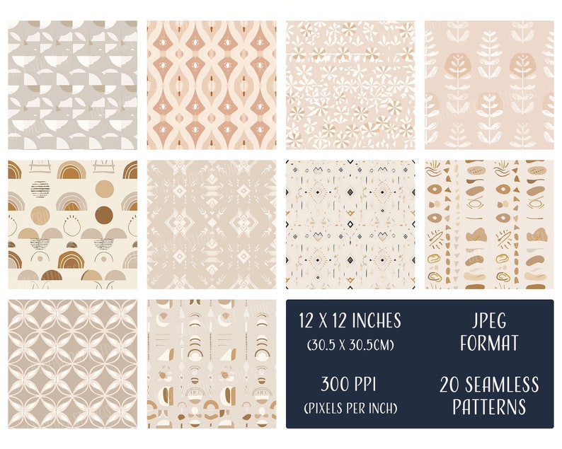 Boho Beige Seamless Patterns, Printable Digital Paper, Commercial Use ...