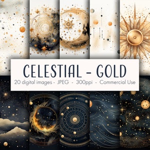 May include: A set of 20 digital images featuring celestial and gold designs. The images include stars, moons, suns, and other celestial bodies in a variety of styles. The images are perfect for use in digital scrapbooking, card making, and other creative projects.