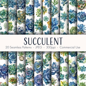 May include: A collection of 20 seamless succulent patterns in watercolor style. The patterns feature various succulents in shades of blue, green, and yellow on a white background. The word "SUCCULENT" is displayed in large text.