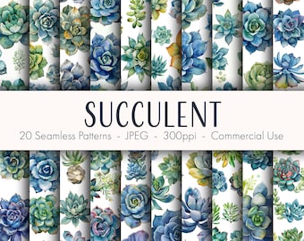 Succulent Seamless Patterns, printable digital paper, commercial use, JPEG format, instant download
