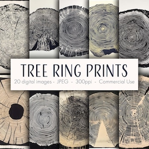 May include: A set of 20 digital images featuring tree ring prints. The images are in black and white and show the cross-section of a tree trunk, with the rings visible. The images are high-resolution and perfect for printing or digital use.  TREE RING PRINTS 20 digital images - JPEG - 300ppi - Commercial Use