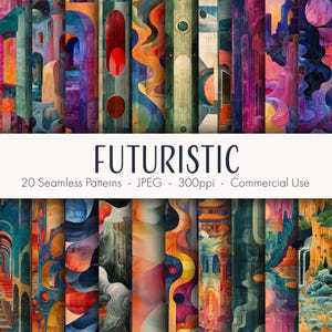 May include: 20 seamless digital patterns in a futuristic style. The patterns feature geometric shapes, abstract designs, and vibrant colors like blue, green, orange, red, and purple.