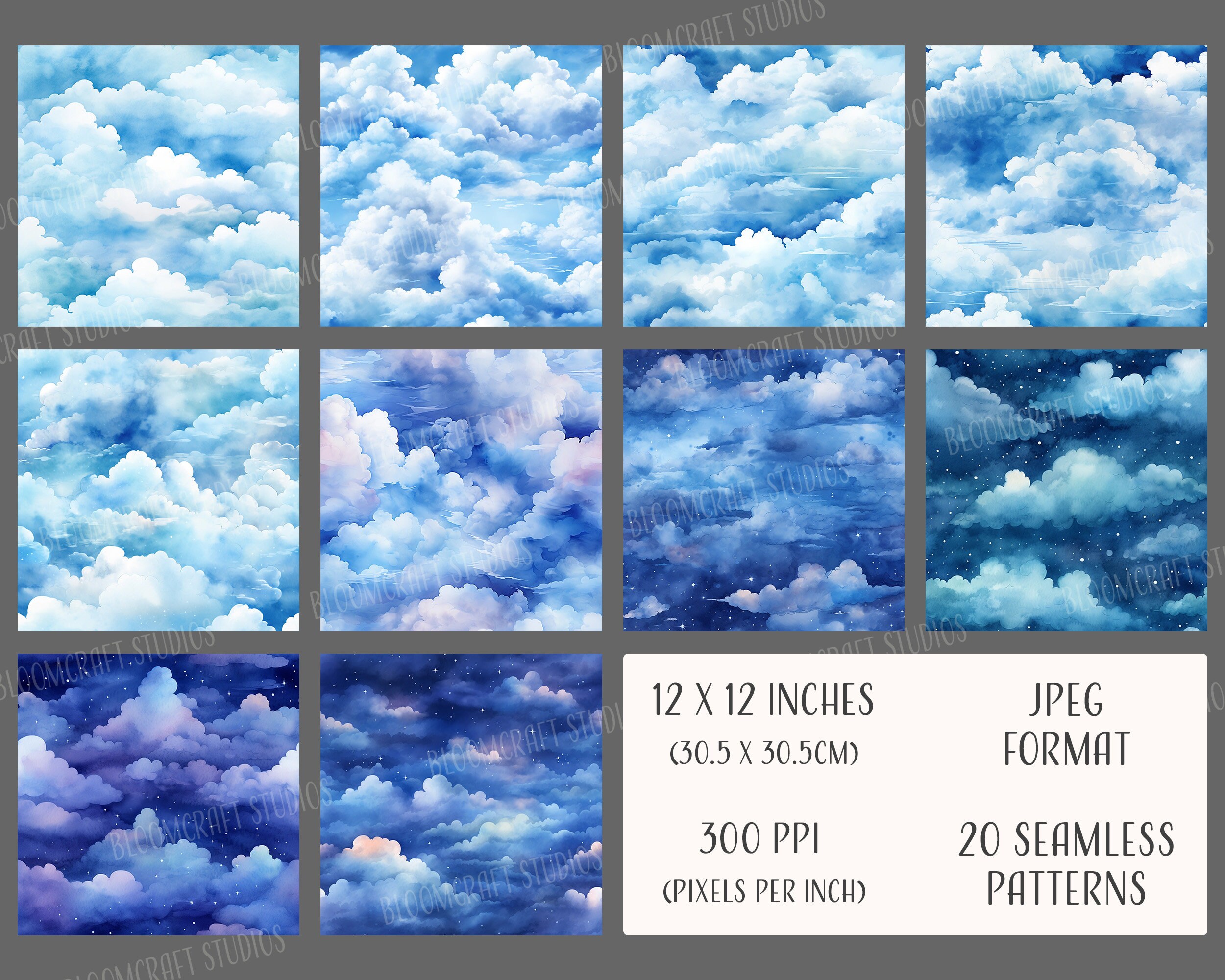 Clouds Seamless Patterns, Printable Digital Paper, Instant Download ...