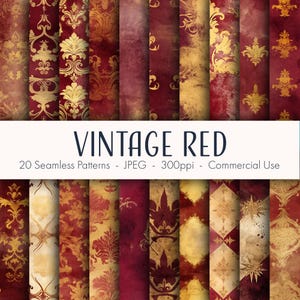 May include: A collection of 20 seamless vintage red patterns. The designs feature ornate gold and burgundy damask and floral motifs. The text "VINTAGE RED" is displayed across the center of the image.