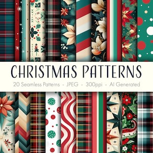 Naadloze kerstpatronen, afdrukbaar digitaal papier, instant download, commercieel gebruik, plakboek