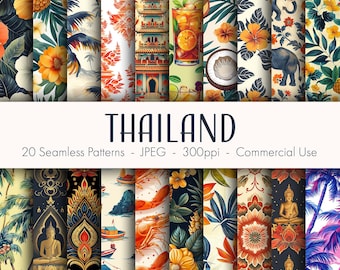 Patrones sin costura de Tailandia, papel digital imprimible, uso comercial, formato JPEG, descarga instantánea