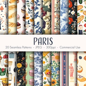 Paris Seamless Patterns, papier numérique imprimable, usage commercial, format JPEG, téléchargement immédiat