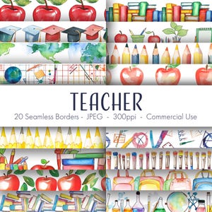 Op de afbeelding: Een set van 20 naadloze aquarelranden voor leraren. De randen bevatten verschillende schoolthema-elementen, waaronder potloden, kwasten, boeken, appels en rugzakken. De randen zijn perfect om een vleugje whimsy toe te voegen aan klasdecoraties, lesplannen en andere educatieve materialen.