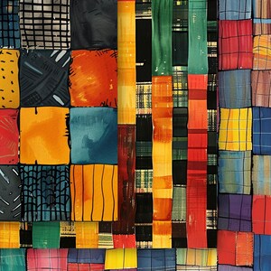 Op de afbeelding: Abstracte patchworkdeken met een verscheidenheid aan kleuren en patronen, waaronder rood, geel, blauw, groen en zwart. De deken is gemaakt van vierkanten en rechthoeken van verschillende groottes.