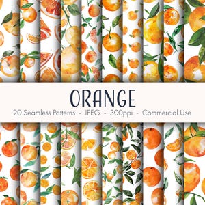 Puede incluir: Una colección de 20 patrones sin costuras con ilustraciones de acuarela de naranjas, rodajas de naranja y hojas verdes. La palabra "ORANGE" se muestra en azul marino. Los patrones son para uso comercial.