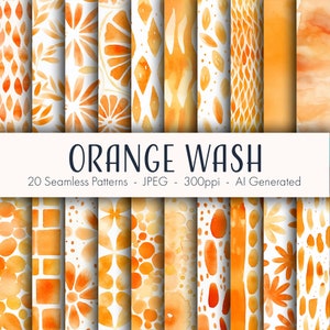 Può includere: Una collezione di 20 motivi senza cuciture nei toni dell'arancione, con disegni ad acquerello. I motivi includono forme floreali, geometriche e astratte. Il testo "ORANGE WASH" è visualizzato, insieme ai dettagli sui motivi.