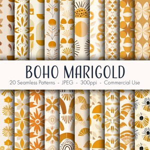 May include: A collection of 20 seamless patterns in shades of yellow, orange, and cream, with geometric and floral designs. The patterns are displayed in a grid, with the text "BOHO MARIGOLD" above them. The image also includes details about the file type and commercial use.
