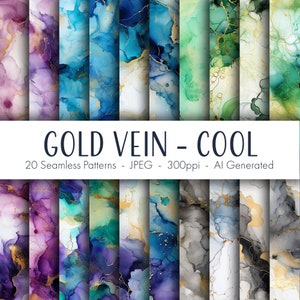 Puede incluir: 20 patrones de papel digital sin costuras que presentan diseños abstractos de acuarela con vetas doradas en colores fríos como azul, verde, morado y gris. Los patrones son generados por IA y 300ppi.