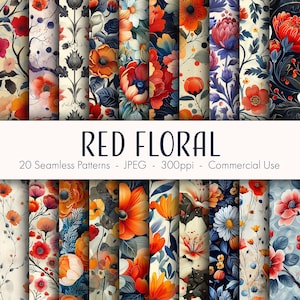 Motifs floraux sans couture rouges, papier numérique imprimable, usage commercial, format JPEG, téléchargement immédiat