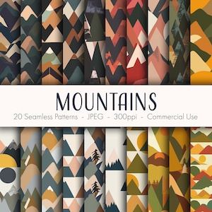 May include: 20 seamless patterns featuring abstract mountain designs in various colours, including blue, green, brown, yellow, and red. The patterns are perfect for digital scrapbooking, crafting, and other creative projects.